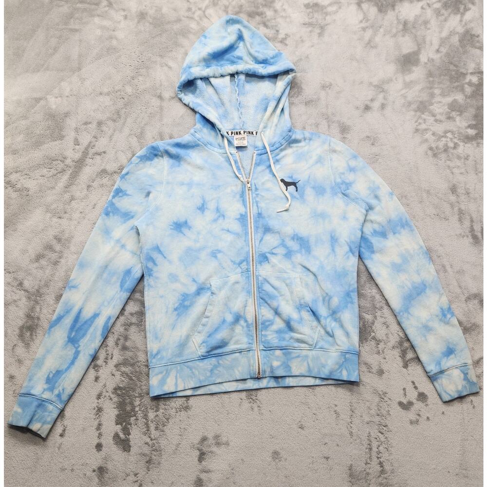 PINK Victorias Secret Hoodie‎ Womens M Blue White Tie Dye Spell Out Full Zip